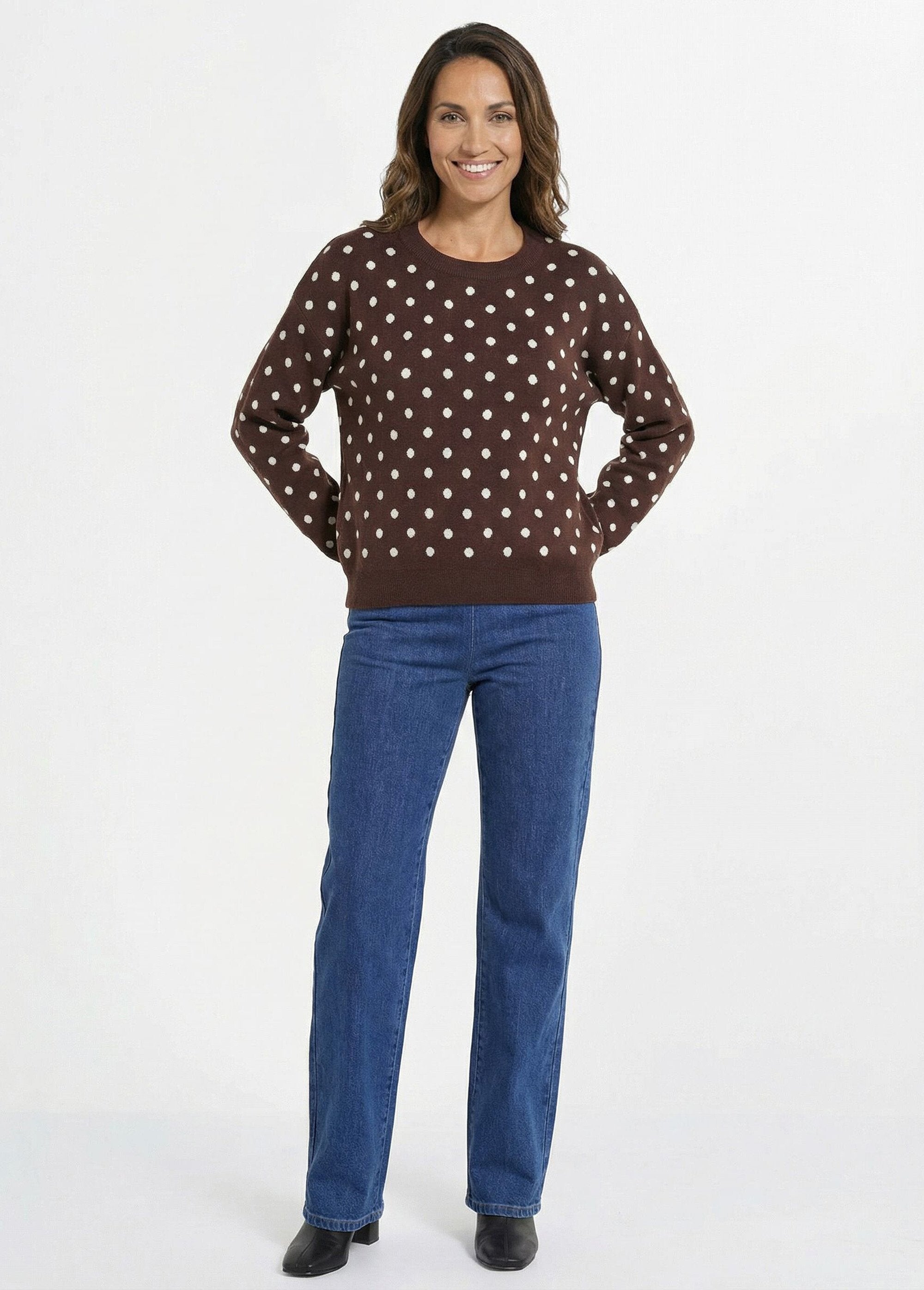 Round_neck_polka_dot_sweater,_jacquard_knit_Chocolate_SF1_slim