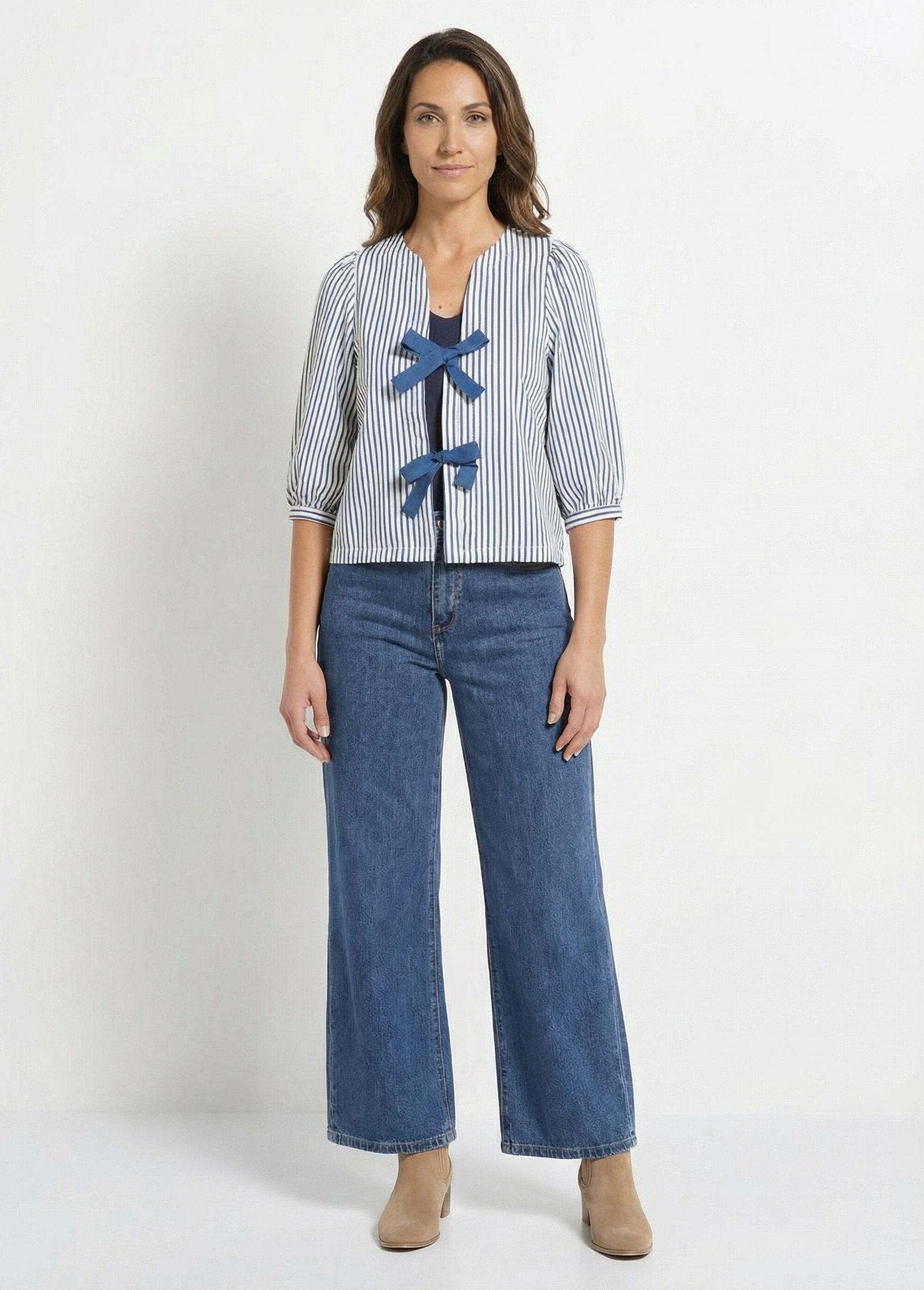 Blouse_manches_3/4_avec_noeuds_fantaisie_Bleu_et_ecru_SF1_slim