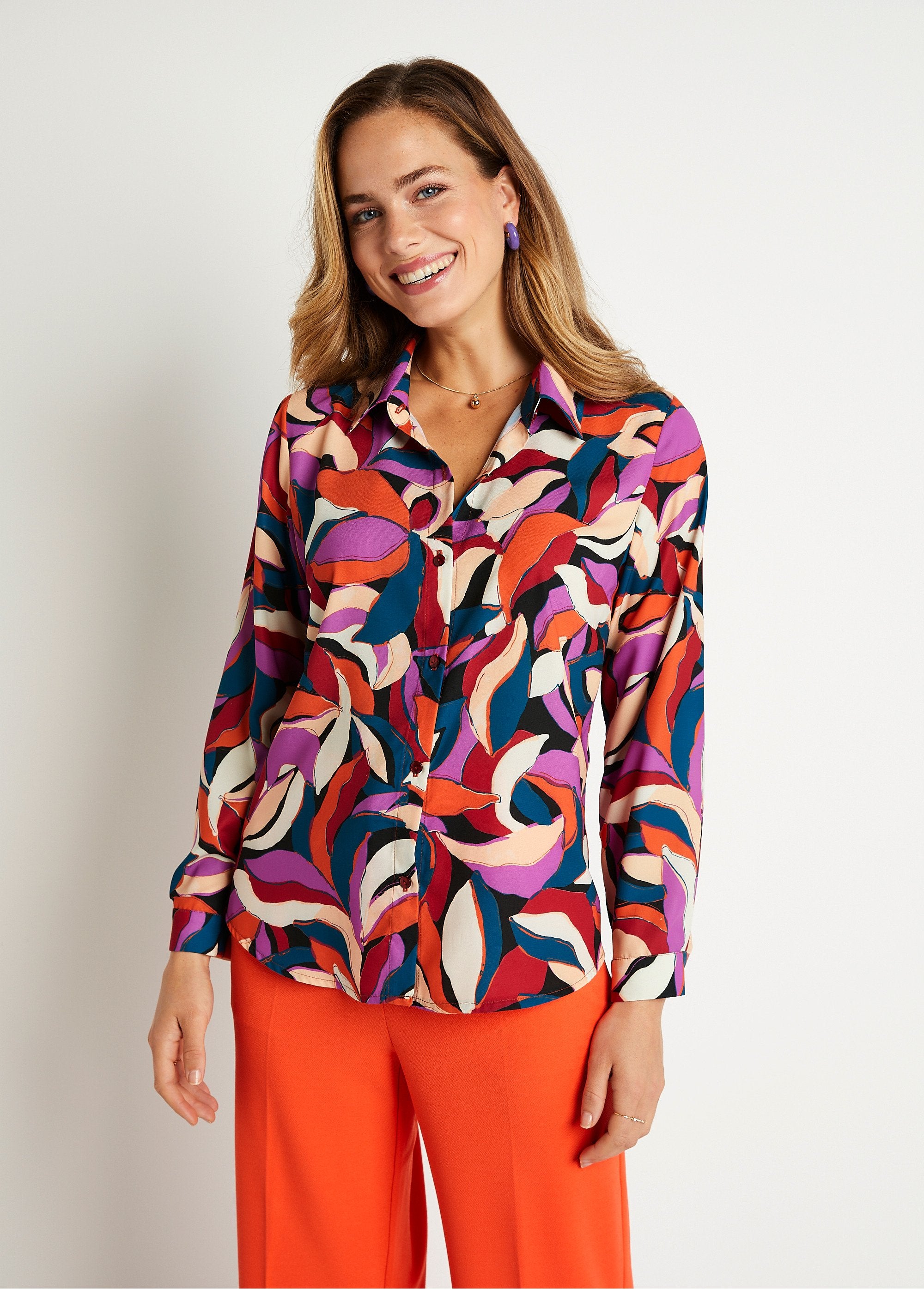 Long_sleeve_leaf_pattern_blouse_Orange_and_purple_FA1_slim