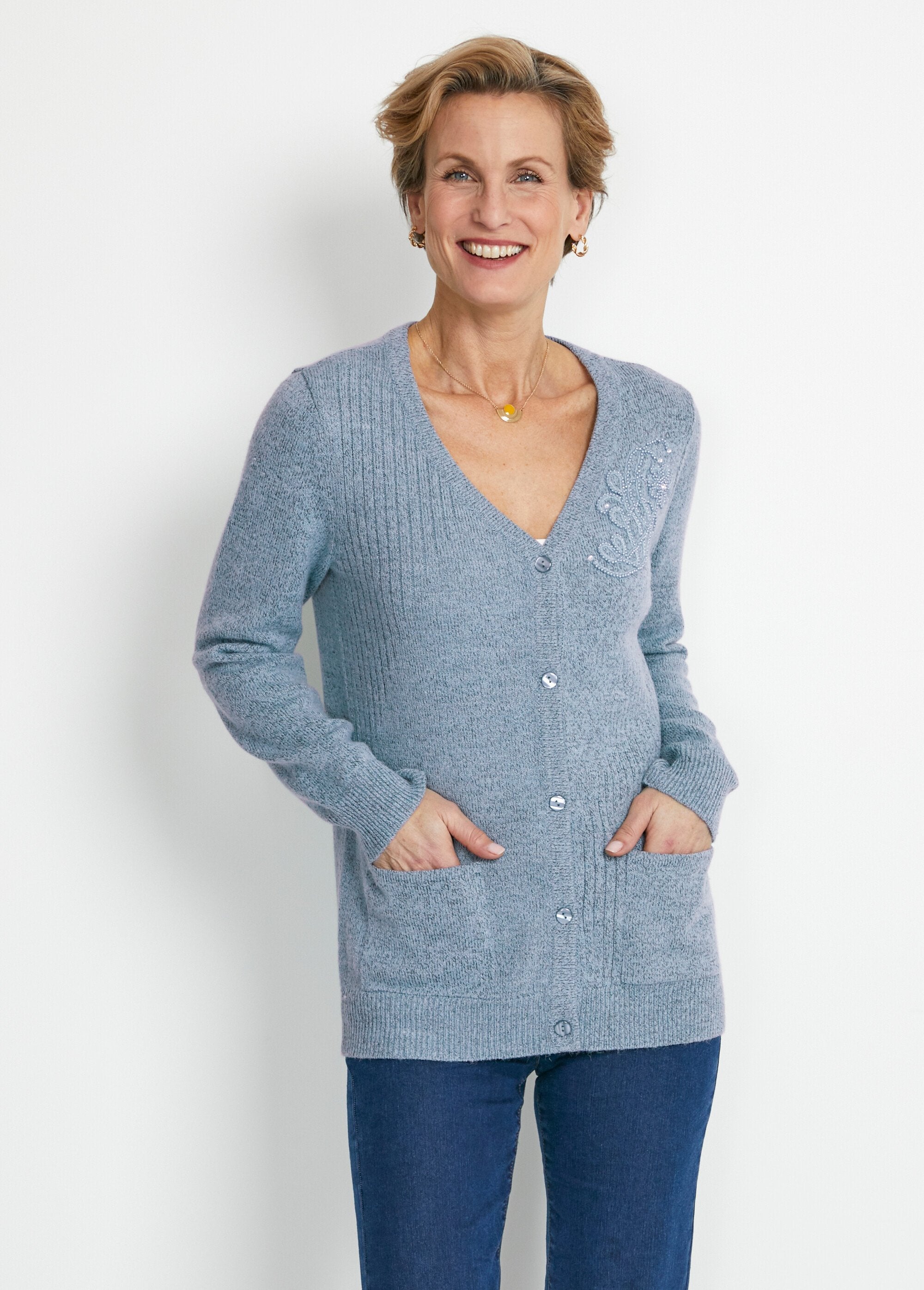 Rhinestone_embroidered_buttoned_V-neck_cardigan_Blue_FA1_slim