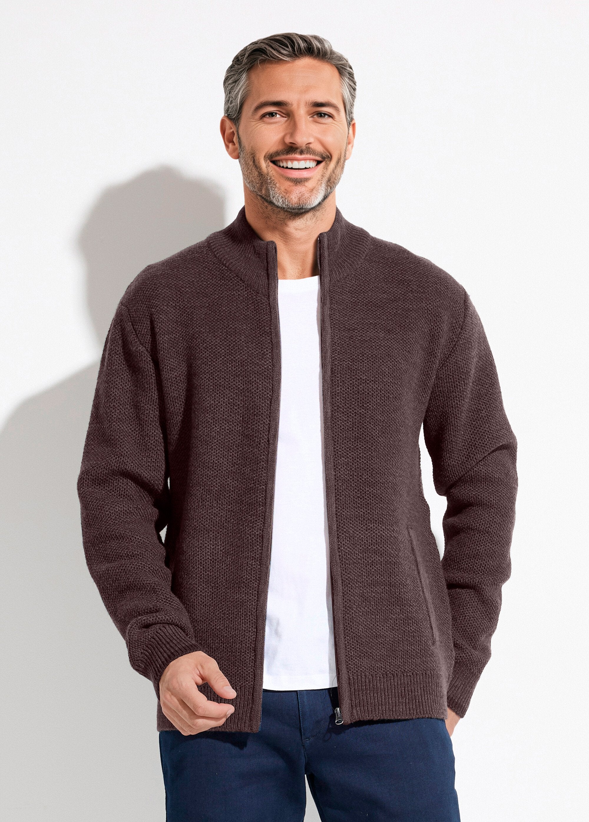 Zipped_cardigan_with_high_collar_in_heathered_wool_knit_Brown_FA1_slim