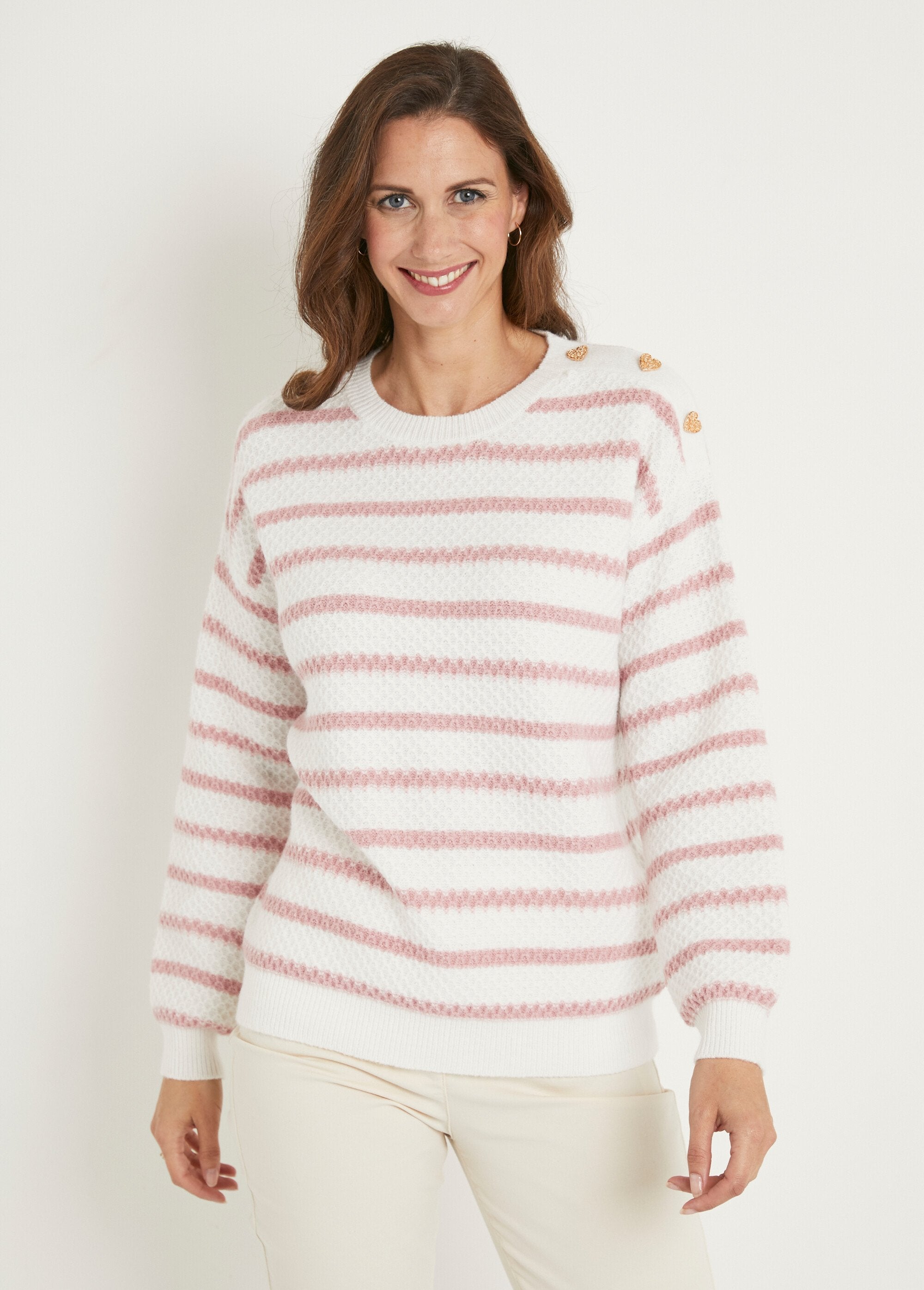 Soft_striped_sweater_round_neck_fancy_knit_Ecru_and_old_pink_FA1_slim