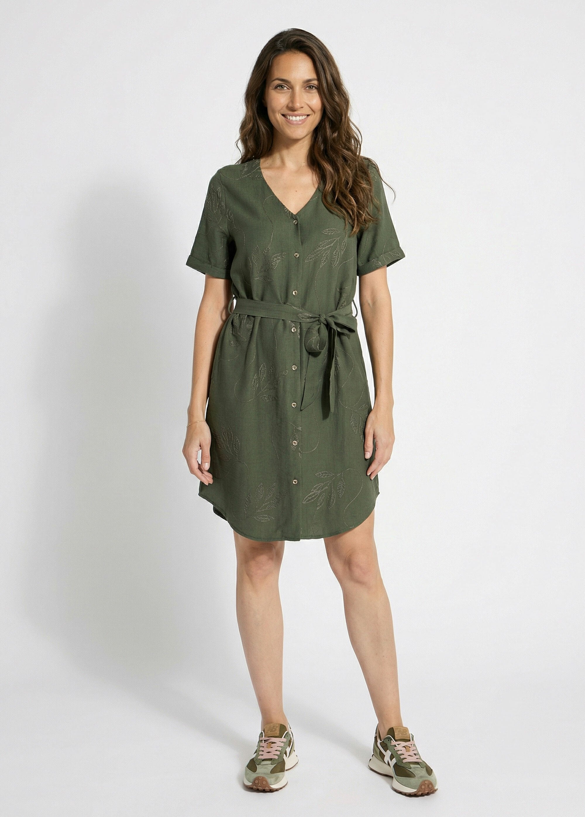 V-neck_shirt_dress,_embroidered_with_foliage_Khaki_SF1_slim