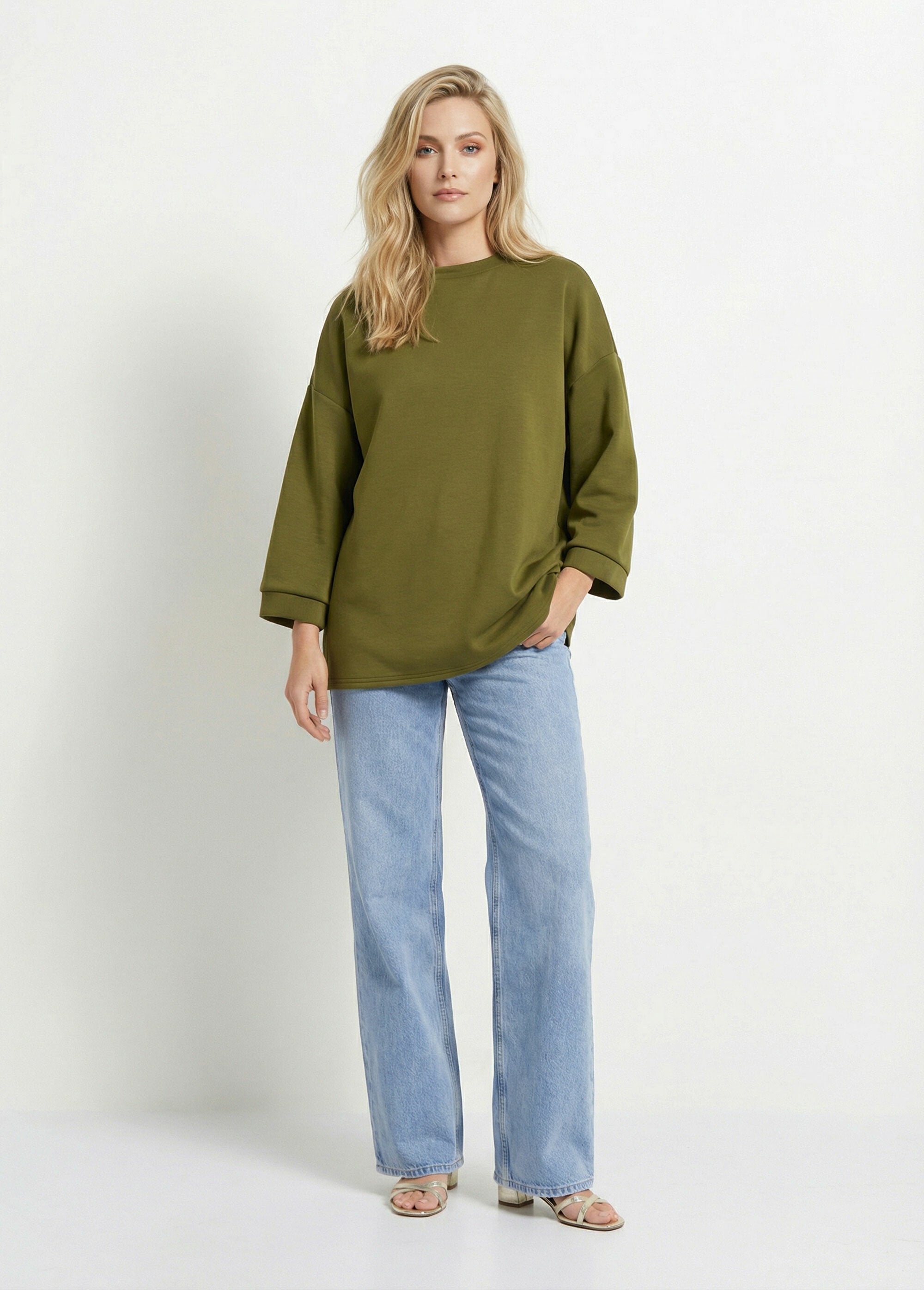 Wide_round_neck_sweatshirt,_3/4_sleeves_Olive_green_SF1_slim