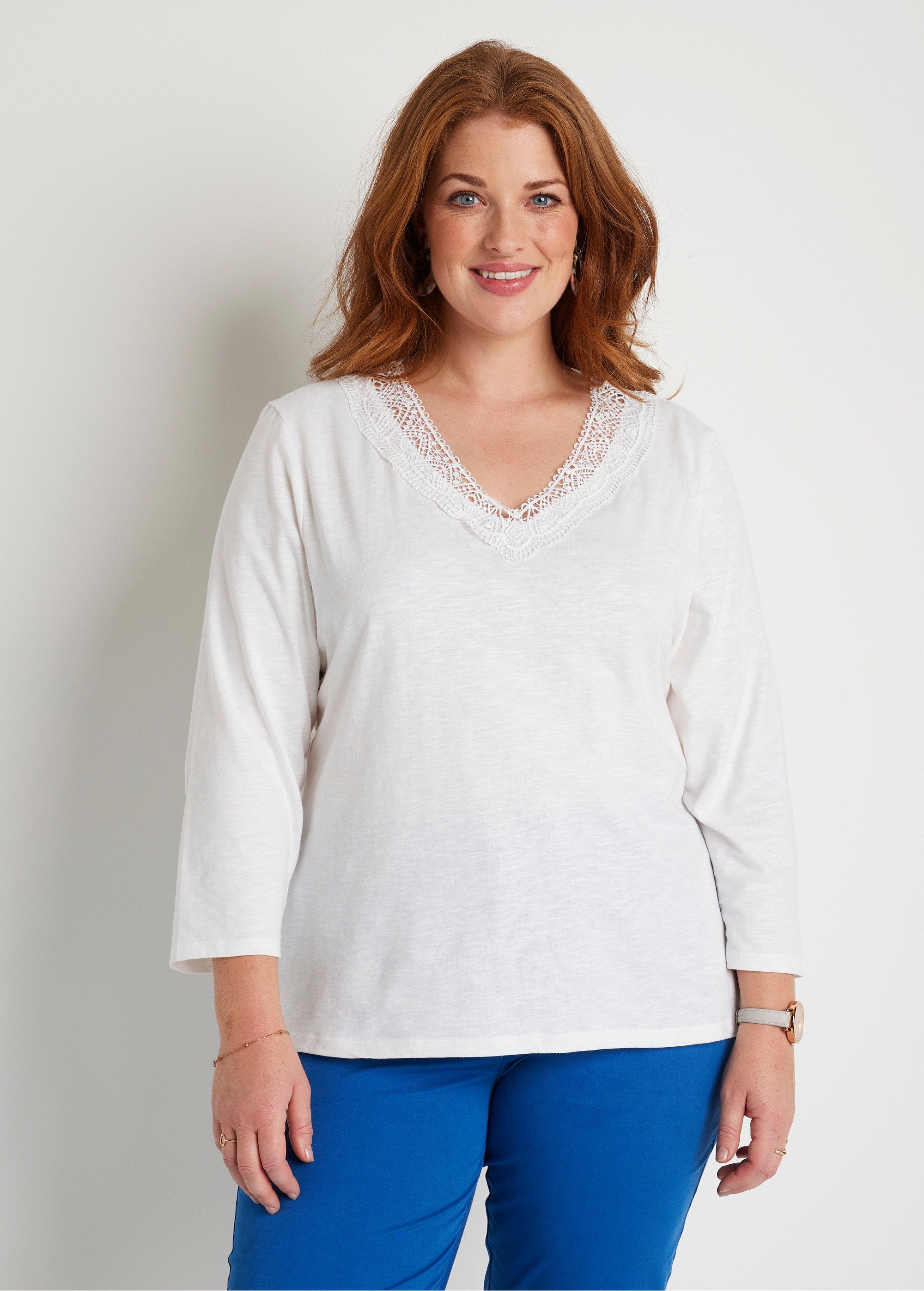 3/4_sleeve_cotton_and_macramé_T-shirt_White_FA1_curvy