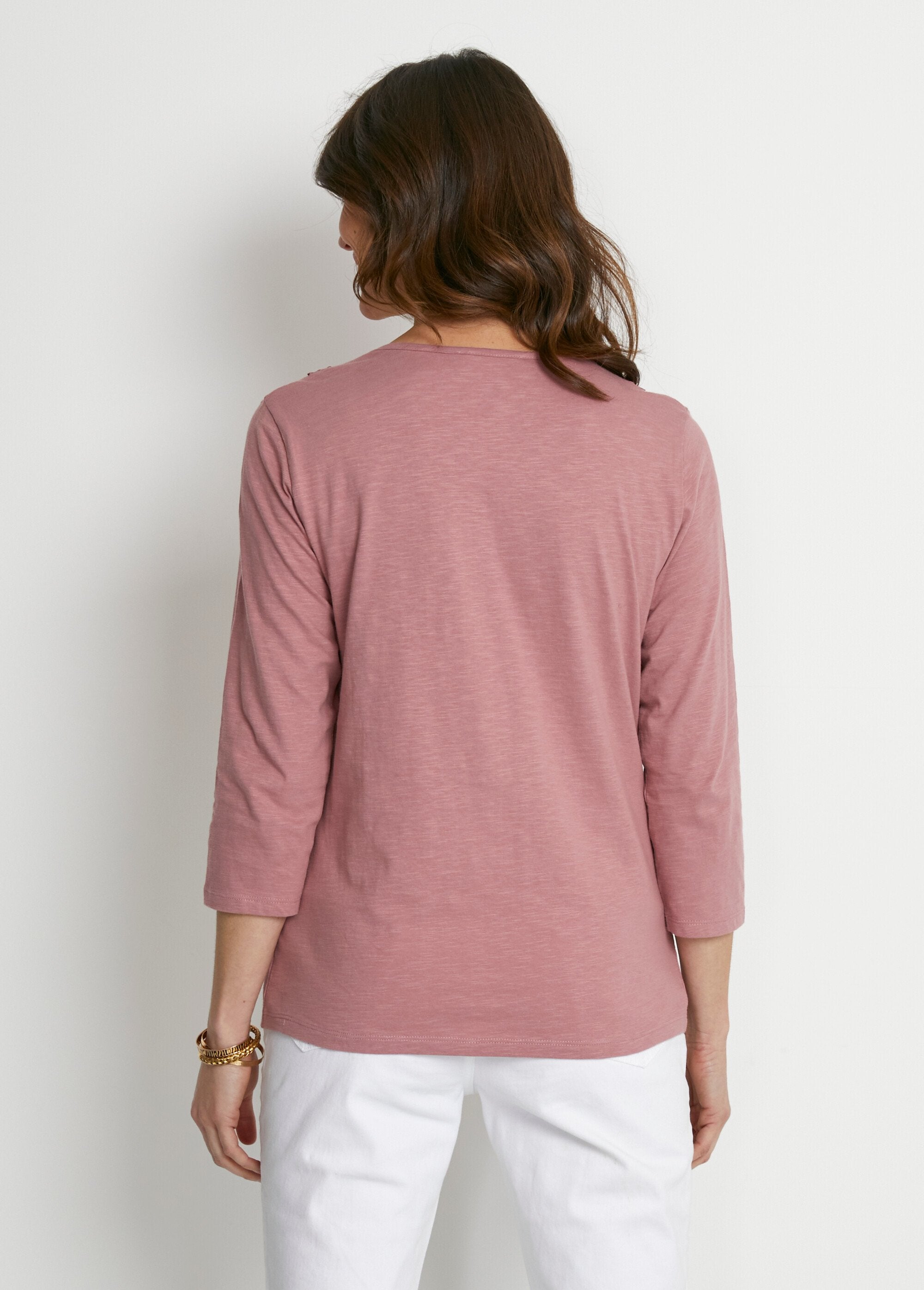 3/4_sleeve_cotton_and_macramé_T-shirt_Pink_DO1_slim