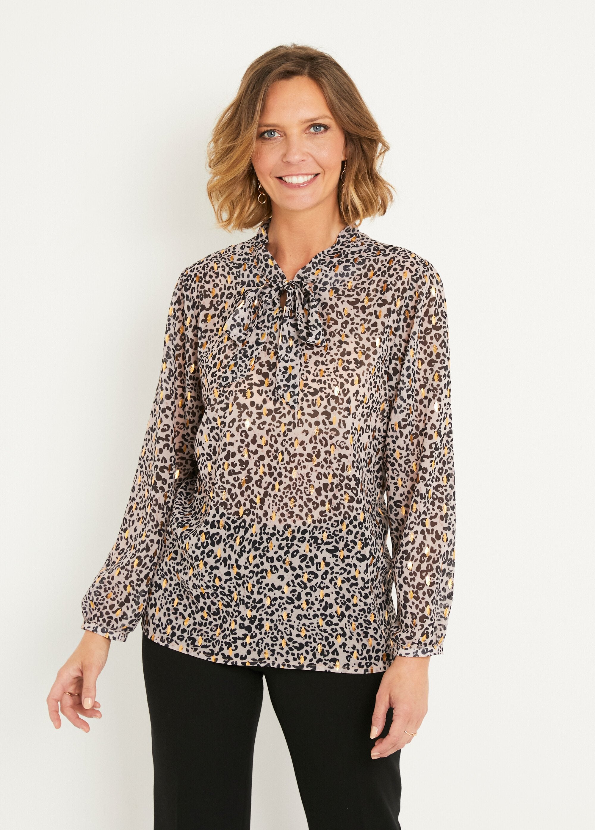 Shiny_leopard_print_voile_flared_tunic_Black_and_beige_FA1_slim